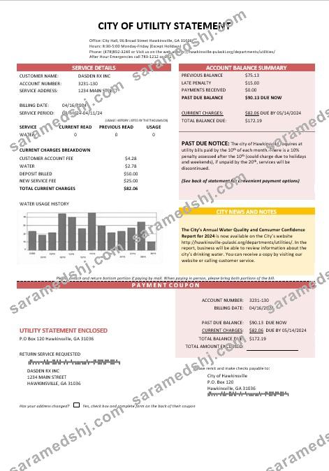 USA City of Utility Statement water business utility bill template in Word and PDF formats